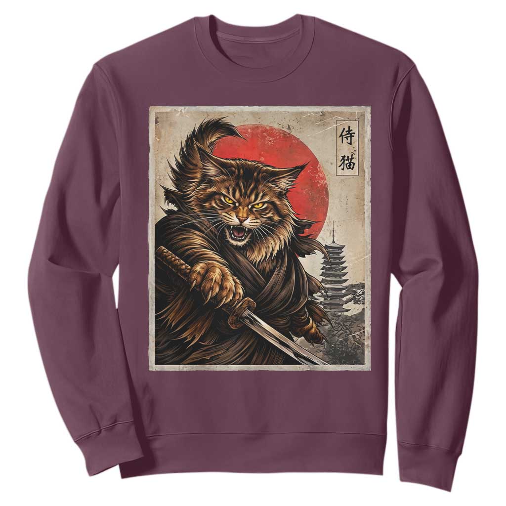 Japanese Maine Coon Samurai Warrior Sweatshirt Vintage Ukiyoe Cat TS12 Maroon Print Your Wear