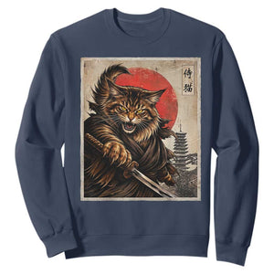 Japanese Maine Coon Samurai Warrior Sweatshirt Vintage Ukiyoe Cat TS12 Navy Print Your Wear