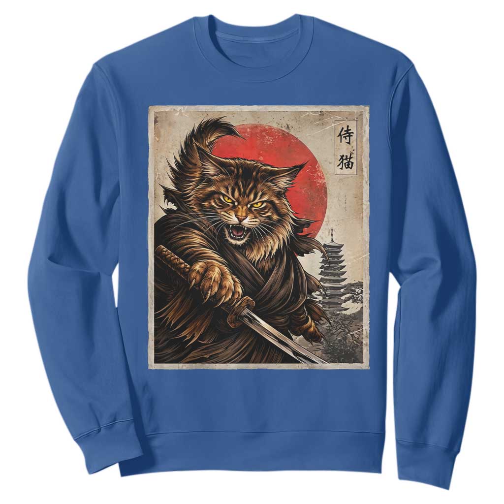 Japanese Maine Coon Samurai Warrior Sweatshirt Vintage Ukiyoe Cat TS12 Royal Blue Print Your Wear