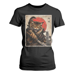 Japanese Maine Coon Samurai Warrior T Shirt For Women Vintage Ukiyoe Cat TS12 Black Print Your Wear