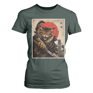 Japanese Maine Coon Samurai Warrior T Shirt For Women Vintage Ukiyoe Cat TS12 Dark Forest Green Print Your Wear
