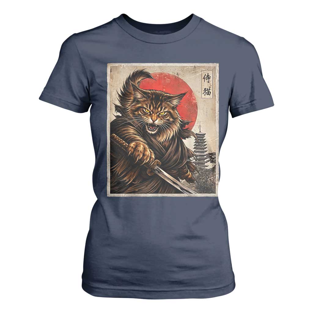 Japanese Maine Coon Samurai Warrior T Shirt For Women Vintage Ukiyoe Cat TS12 Navy Print Your Wear