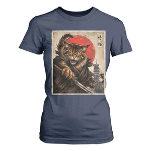 Japanese Maine Coon Samurai Warrior T Shirt For Women Vintage Ukiyoe Cat TS12 Navy Print Your Wear