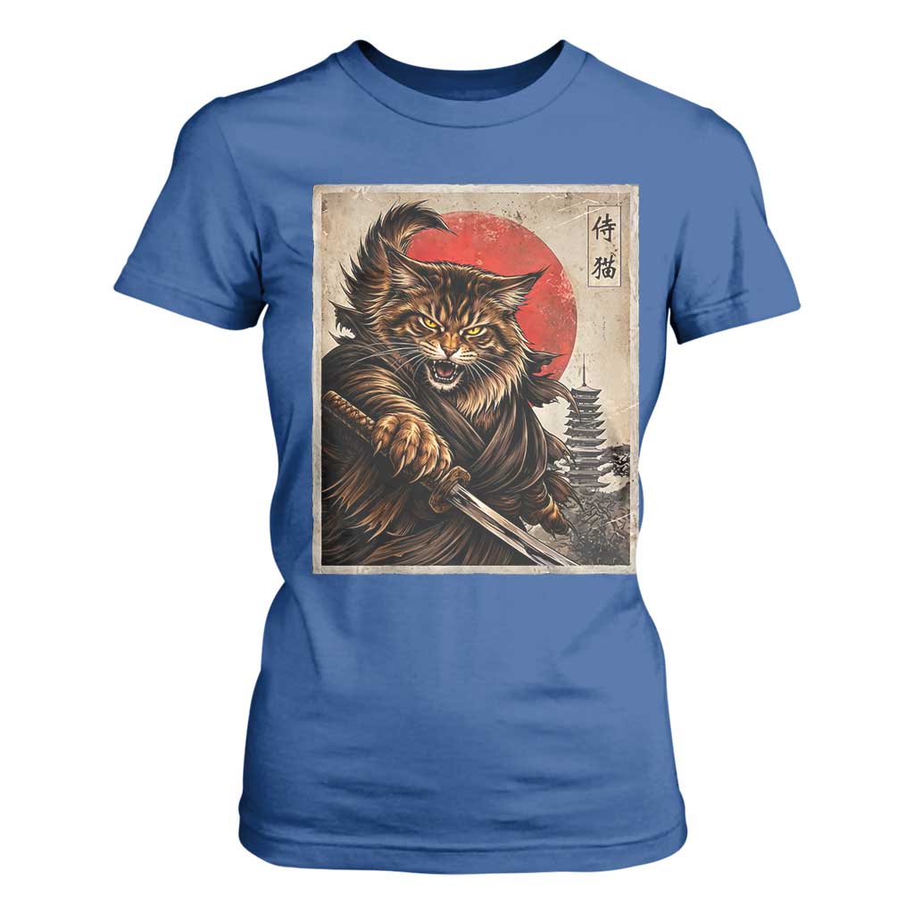 Japanese Maine Coon Samurai Warrior T Shirt For Women Vintage Ukiyoe Cat TS12 Royal Blue Print Your Wear