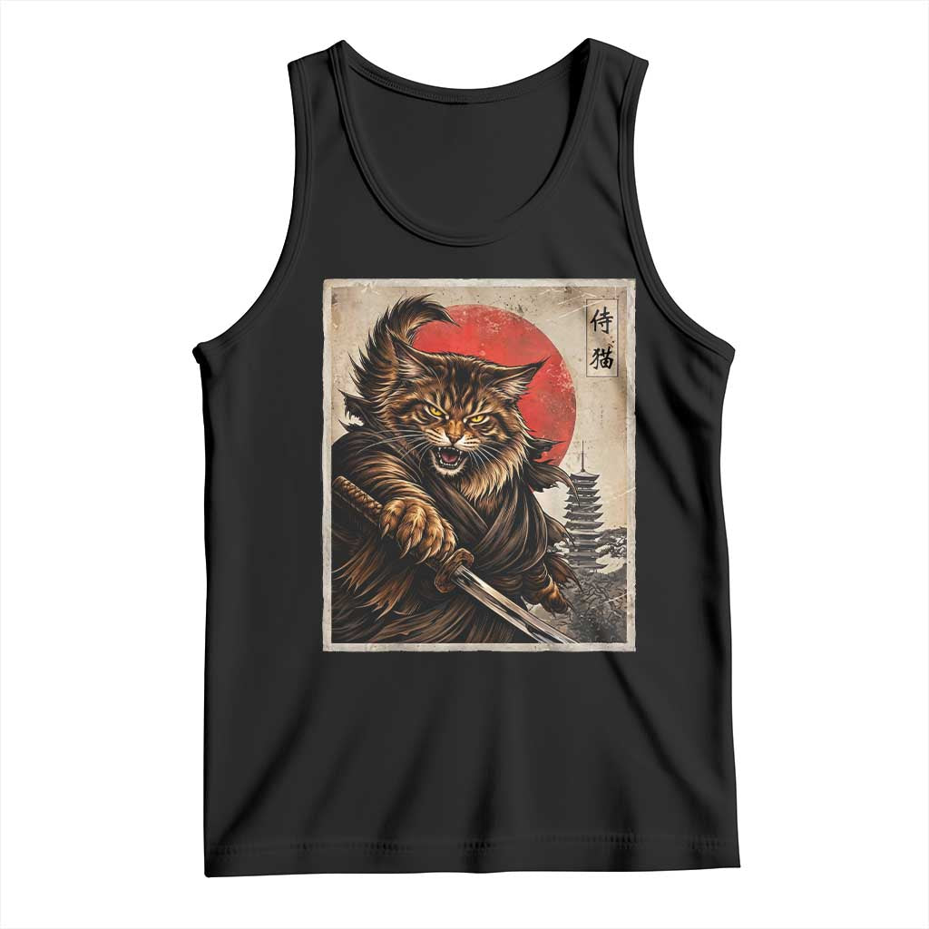 Japanese Maine Coon Samurai Warrior Tank Top Vintage Ukiyoe Cat TS12 Black Print Your Wear