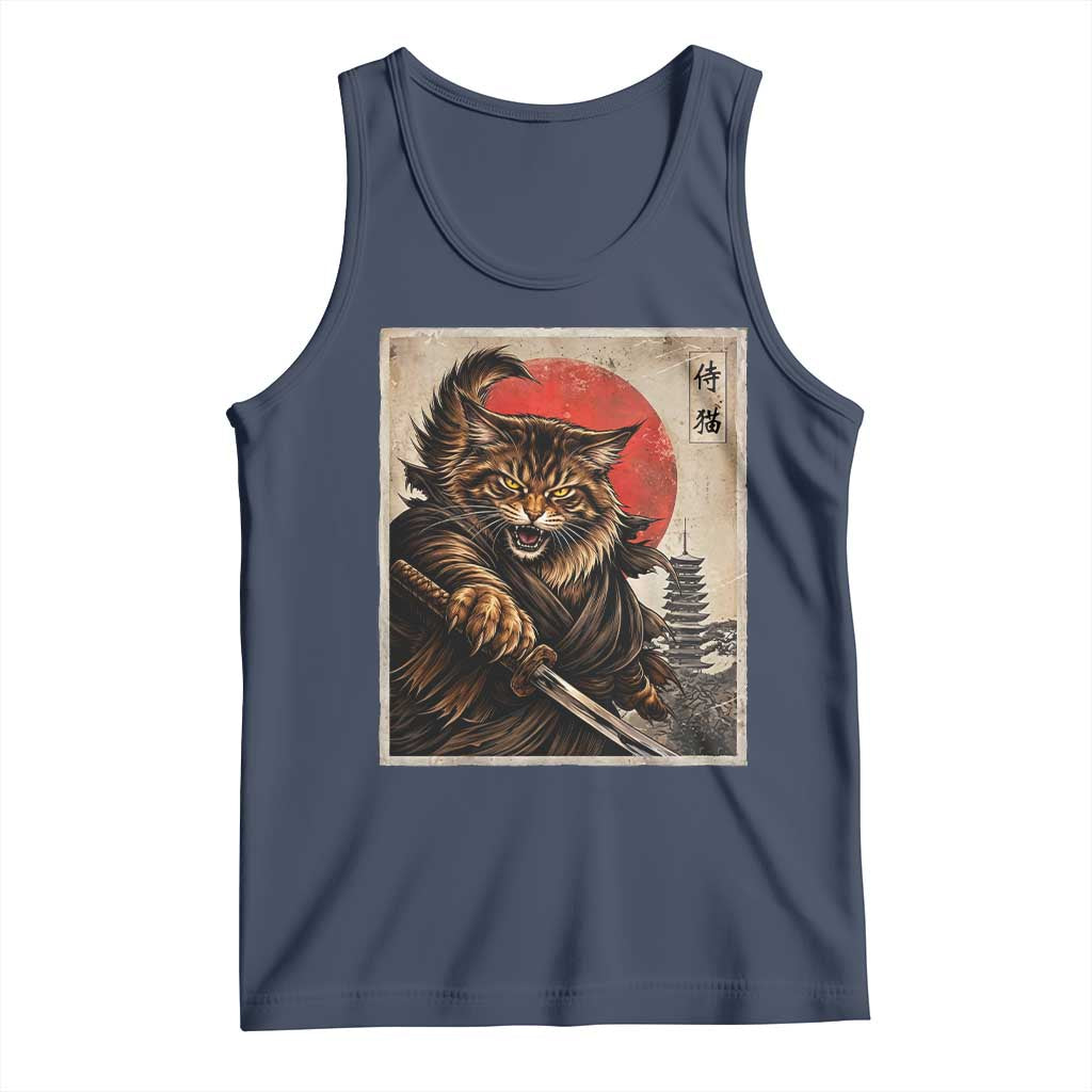 Japanese Maine Coon Samurai Warrior Tank Top Vintage Ukiyoe Cat TS12 Navy Print Your Wear