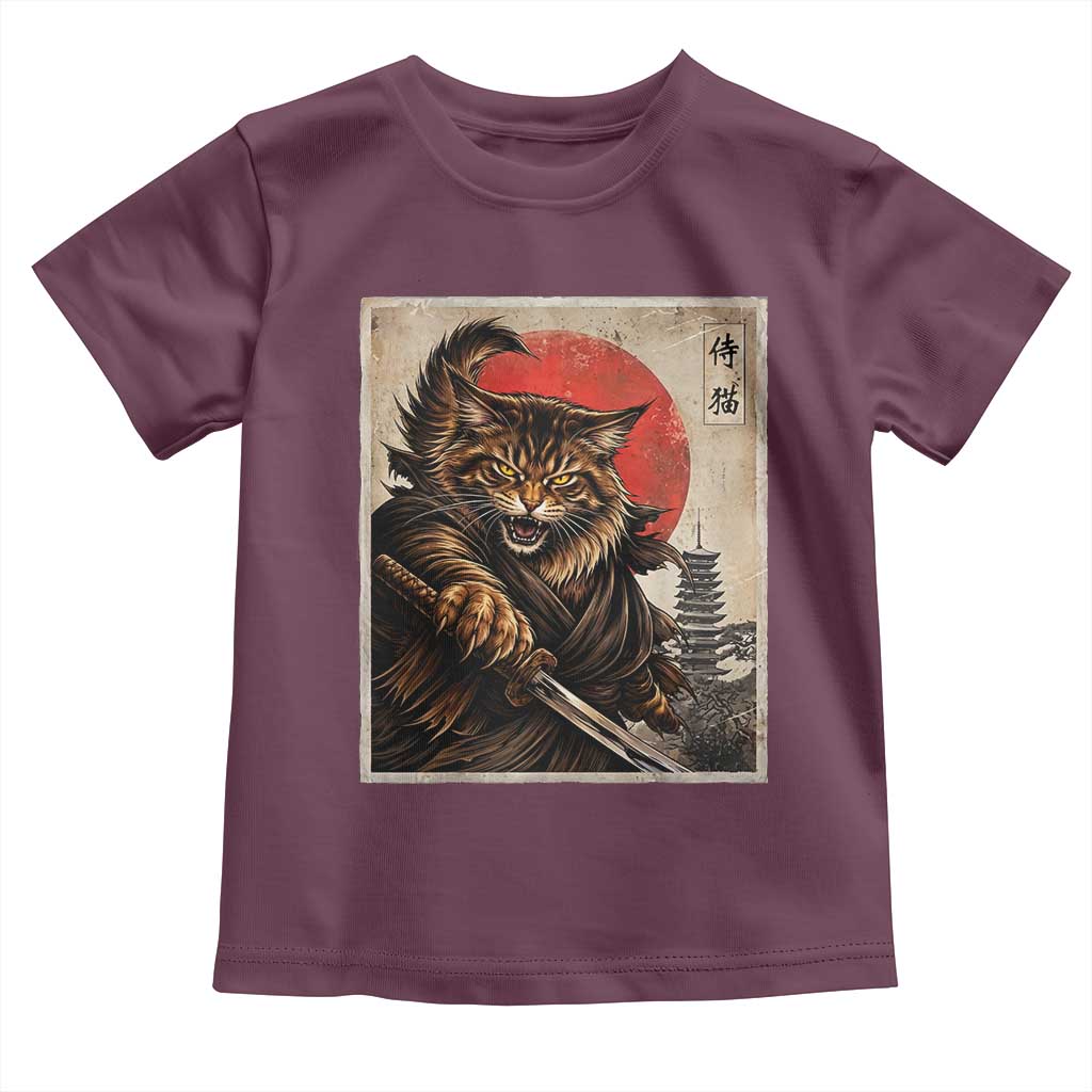 Japanese Maine Coon Samurai Warrior Toddler T Shirt Vintage Ukiyoe Cat TS12 Maroon Print Your Wear