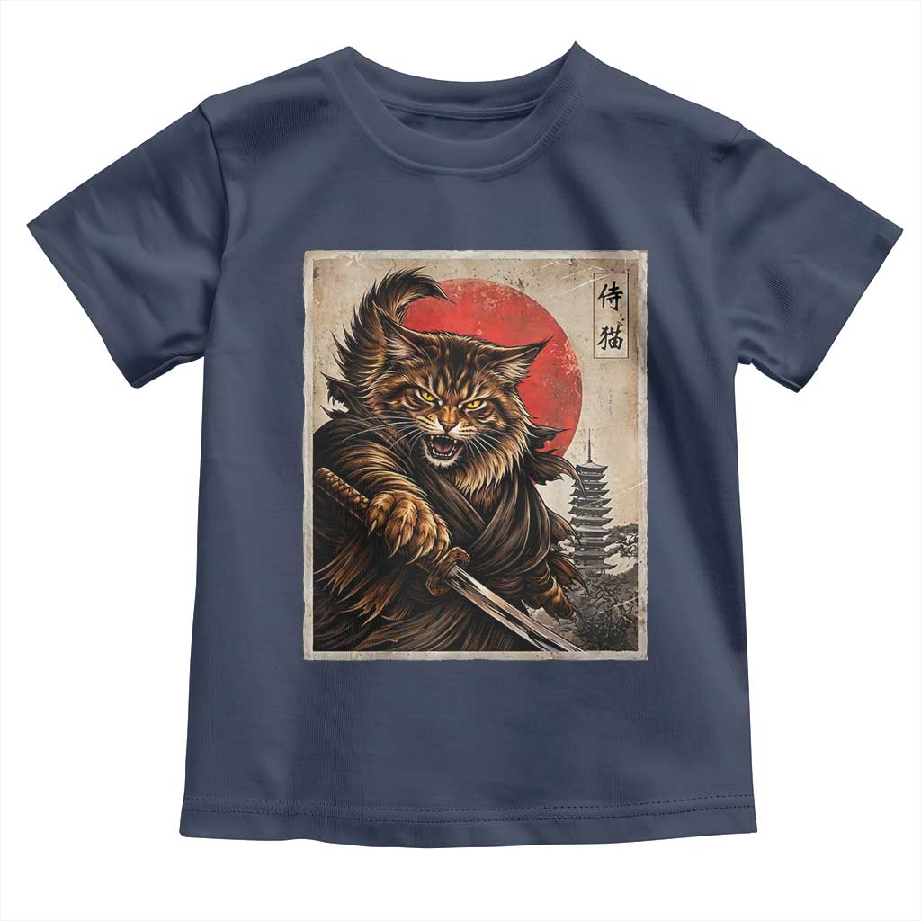 Japanese Maine Coon Samurai Warrior Toddler T Shirt Vintage Ukiyoe Cat TS12 Navy Print Your Wear