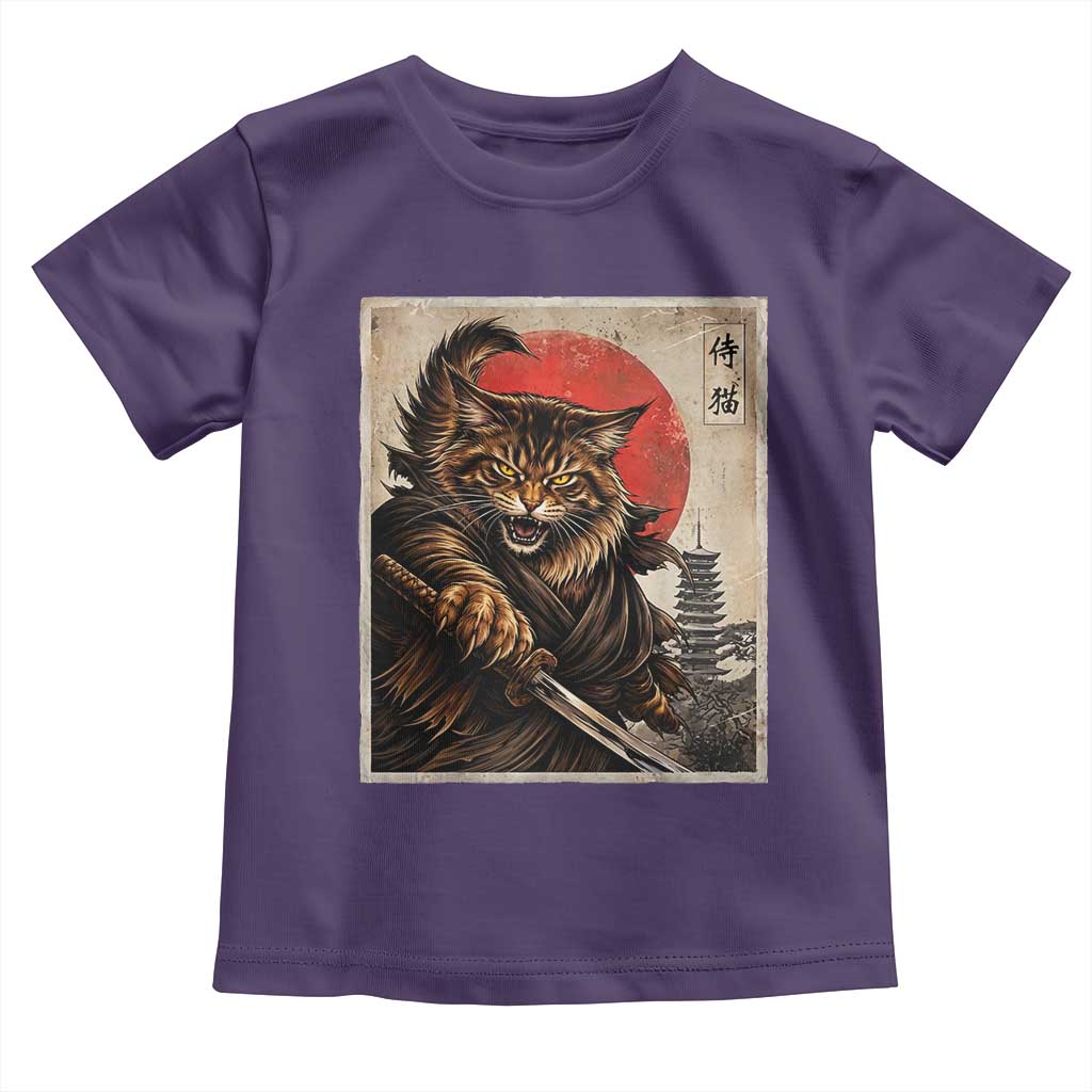 Japanese Maine Coon Samurai Warrior Toddler T Shirt Vintage Ukiyoe Cat TS12 Purple Print Your Wear