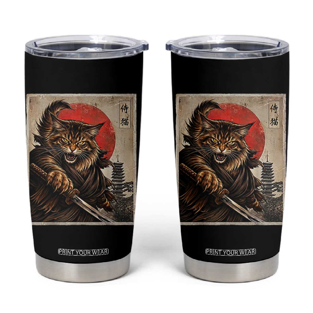 Japanese Maine Coon Samurai Warrior Tumbler Cup Vintage Ukiyoe Cat TS12 Black Print Your Wear