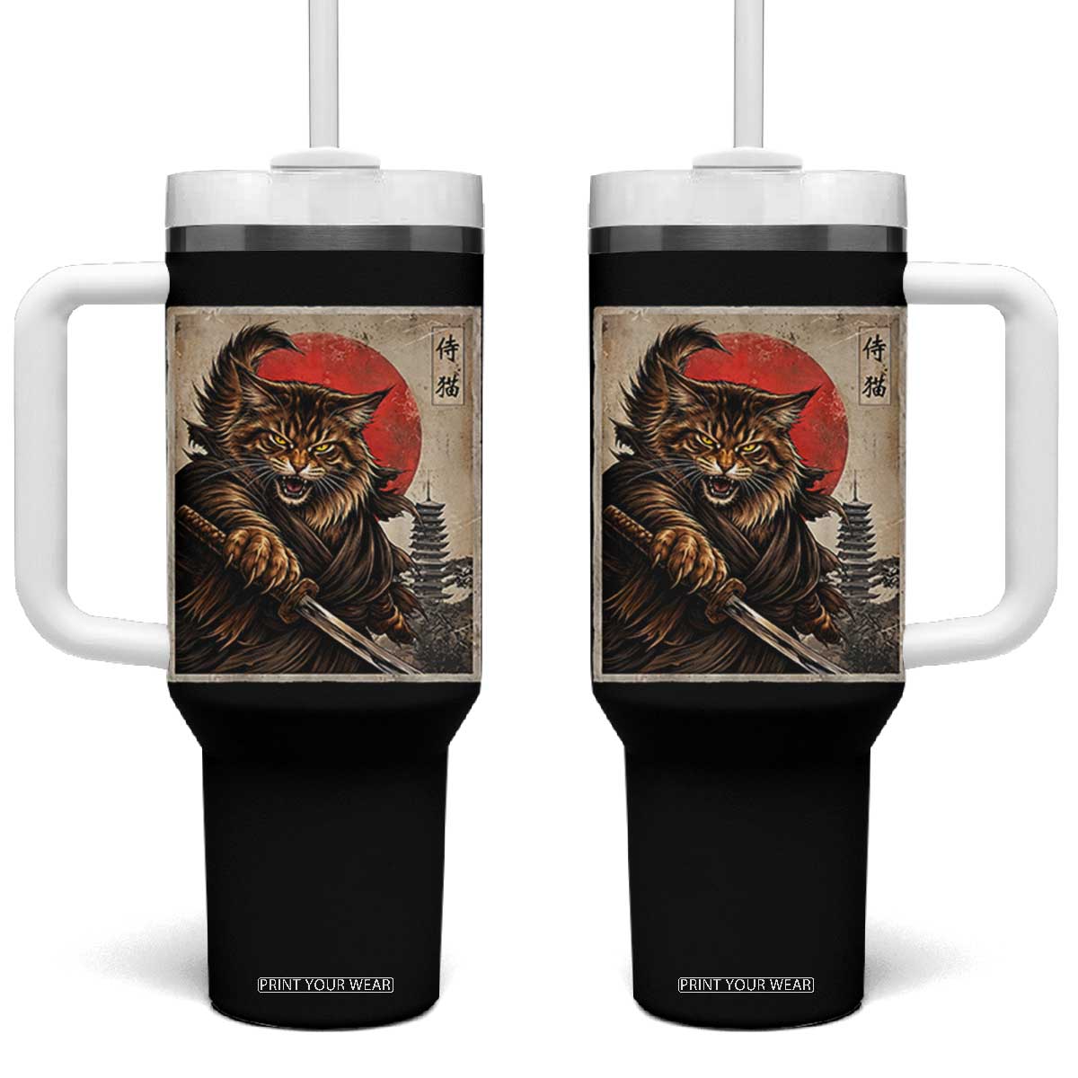 Japanese Maine Coon Samurai Warrior Tumbler With Handle Vintage Ukiyoe Cat TS12 One Size: 40 oz Black Print Your Wear