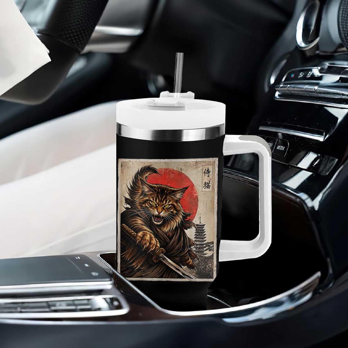 Japanese Maine Coon Samurai Warrior Tumbler With Handle Vintage Ukiyoe Cat TS12 Print Your Wear