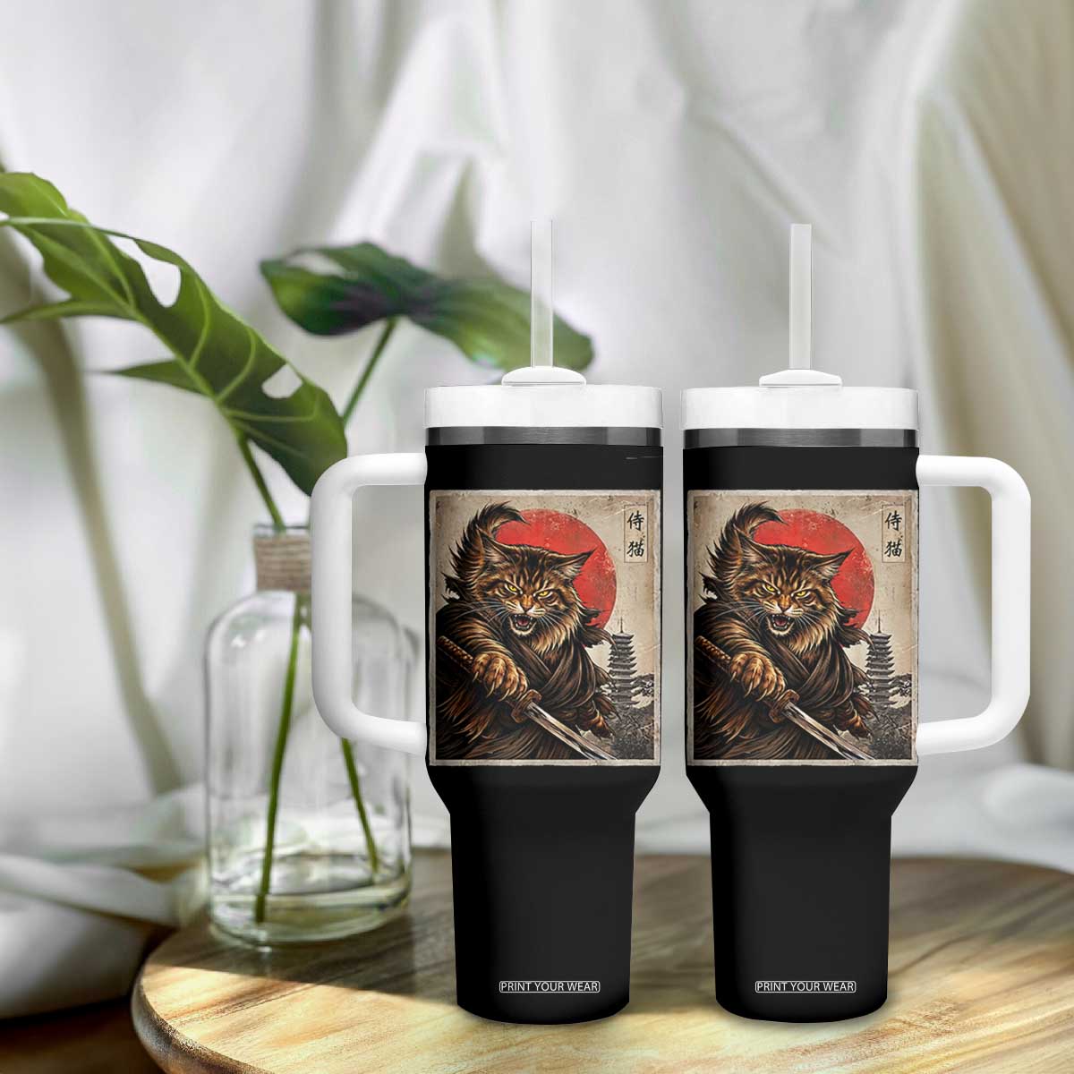 Japanese Maine Coon Samurai Warrior Tumbler With Handle Vintage Ukiyoe Cat TS12 Print Your Wear