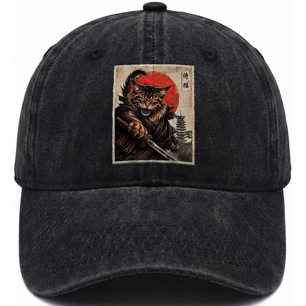 Japanese Maine Coon Samurai Warrior Washed Cotton Baseball Cap Vintage Ukiyoe Cat TS12 Print Your Wear
