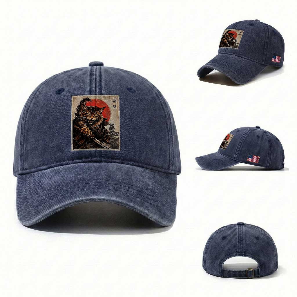 Japanese Maine Coon Samurai Warrior Washed Cotton Baseball Cap Vintage Ukiyoe Cat TS12 Washed Cap Universal Fit Navy Print Your Wear