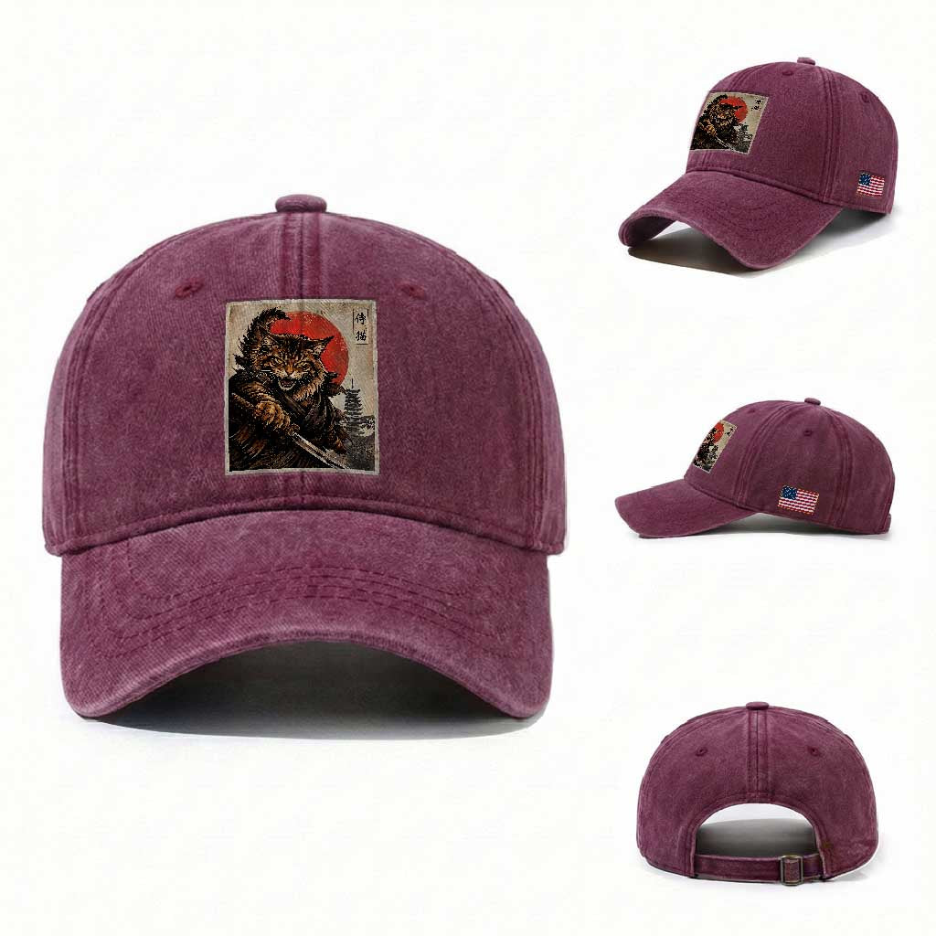 Japanese Maine Coon Samurai Warrior Washed Cotton Baseball Cap Vintage Ukiyoe Cat TS12 Washed Cap Universal Fit Burgundy Print Your Wear