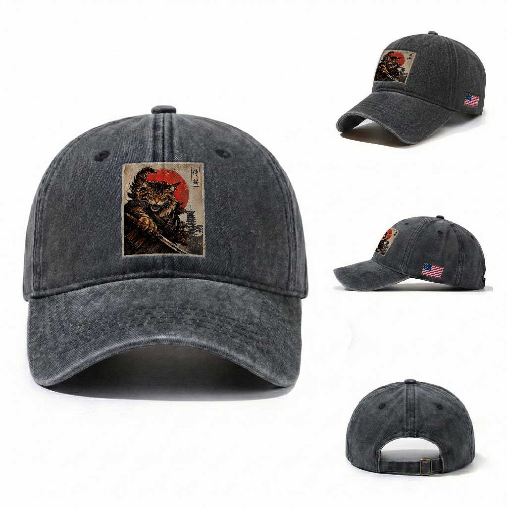 Japanese Maine Coon Samurai Warrior Washed Cotton Baseball Cap Vintage Ukiyoe Cat TS12 Washed Cap Universal Fit Dark Gray Print Your Wear
