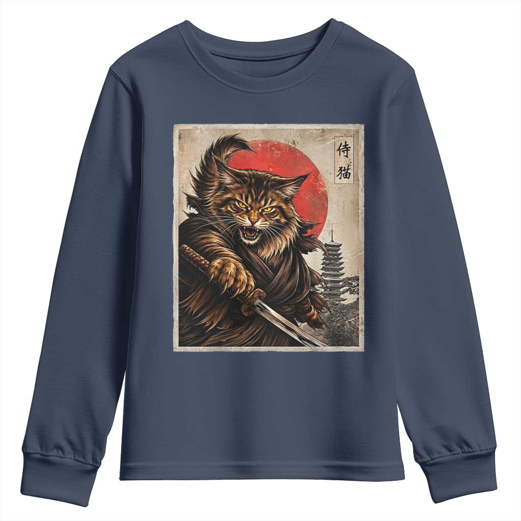 Japanese Maine Coon Samurai Warrior Youth Sweatshirt Vintage Ukiyoe Cat TS12 Navy Print Your Wear
