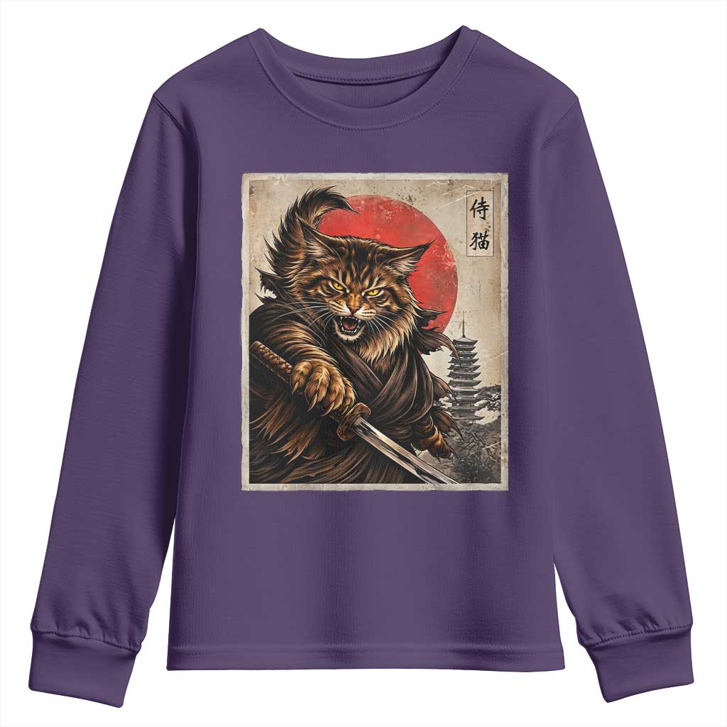 Japanese Maine Coon Samurai Warrior Youth Sweatshirt Vintage Ukiyoe Cat TS12 Purple Print Your Wear
