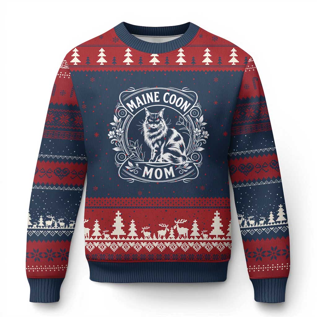 Vintage Floral Maine Coon Ugly Christmas Sweater Mothers Day Cat Mom Gift TS12 Navy Red Print Your Wear