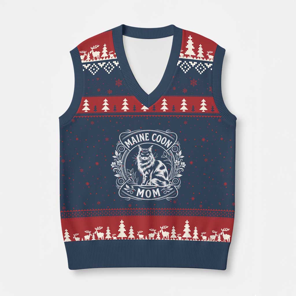 Vintage Floral Maine Coon V-Neck Knit Sweater Vest Mothers Day Cat Mom Gift TS12 Navy Red Print Your Wear