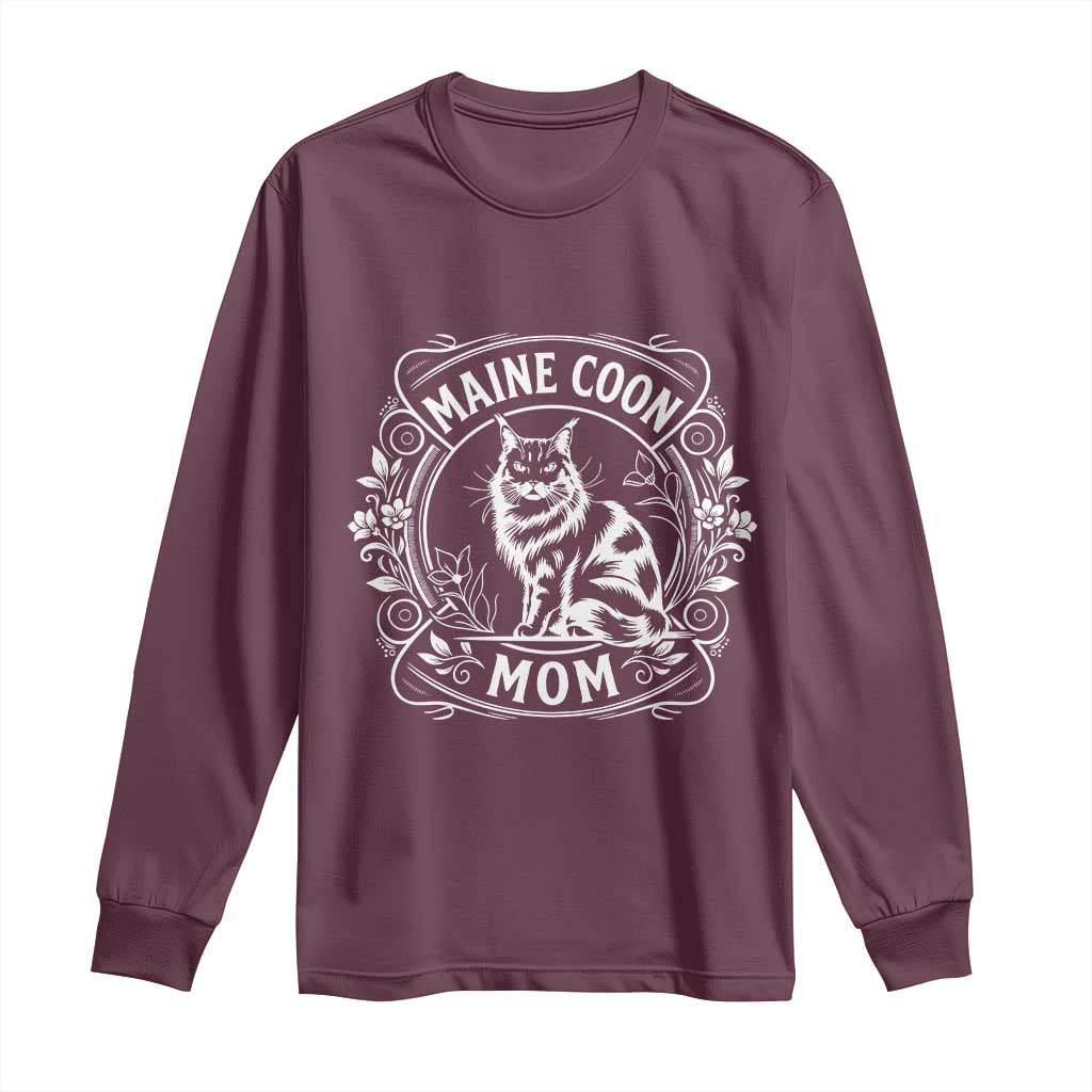 Vintage Floral Maine Coon Long Sleeve Shirt Mothers Day Cat Mom Gift TS12 Maroon Print Your Wear