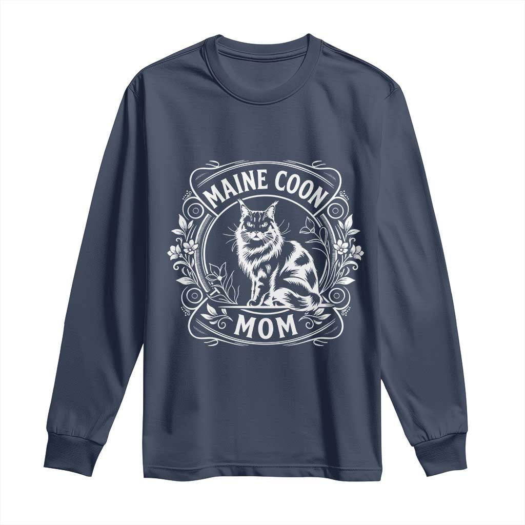 Vintage Floral Maine Coon Long Sleeve Shirt Mothers Day Cat Mom Gift TS12 Navy Print Your Wear