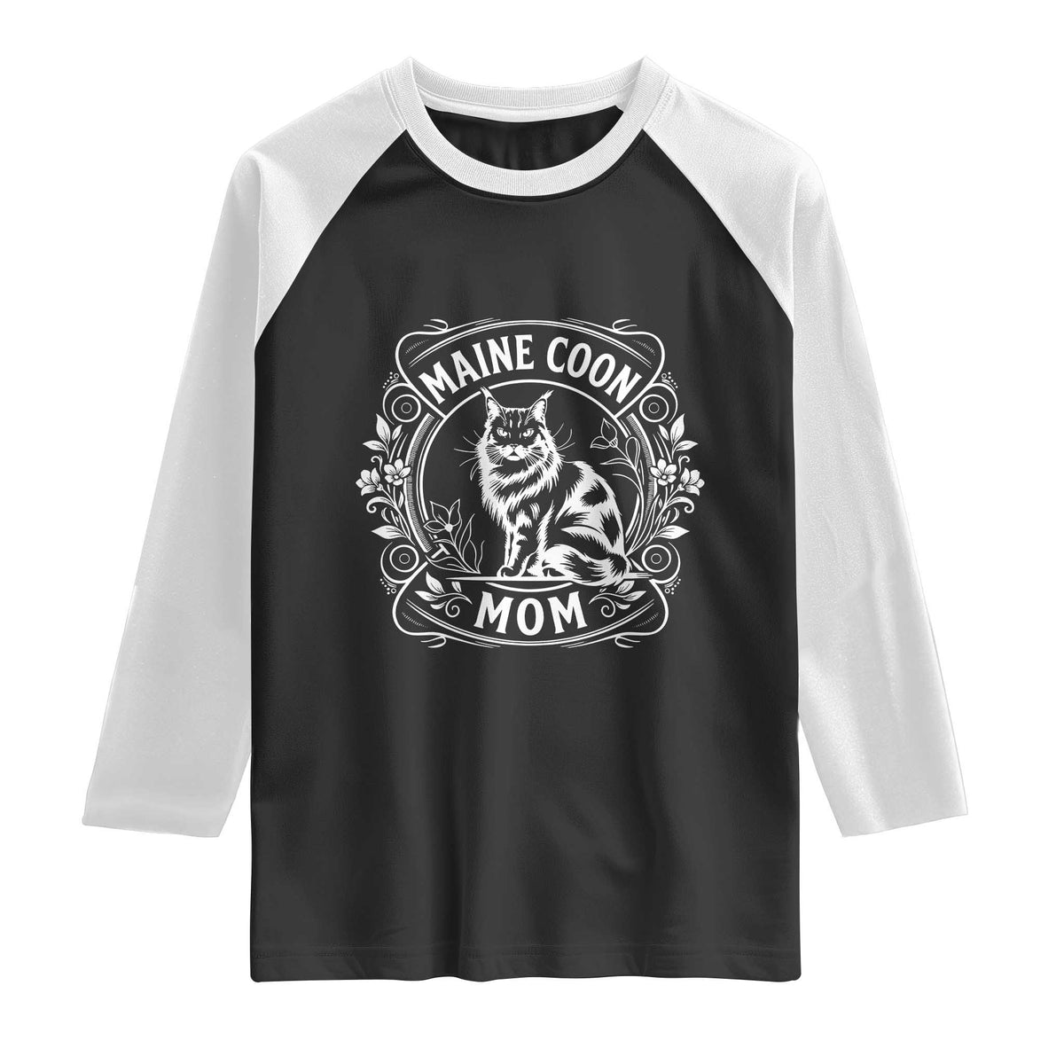 Vintage Floral Maine Coon Raglan Shirt Mothers Day Cat Mom Gift TS12 Black White Print Your Wear