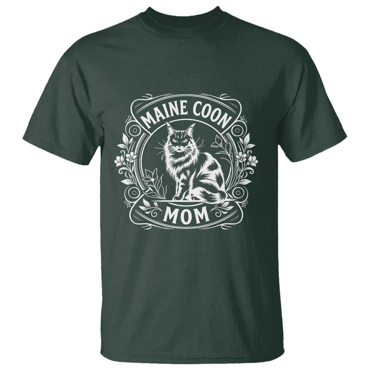 Vintage Floral Maine Coon T Shirt Mothers Day Cat Mom Gift TS12 Dark Forest Green Print Your Wear