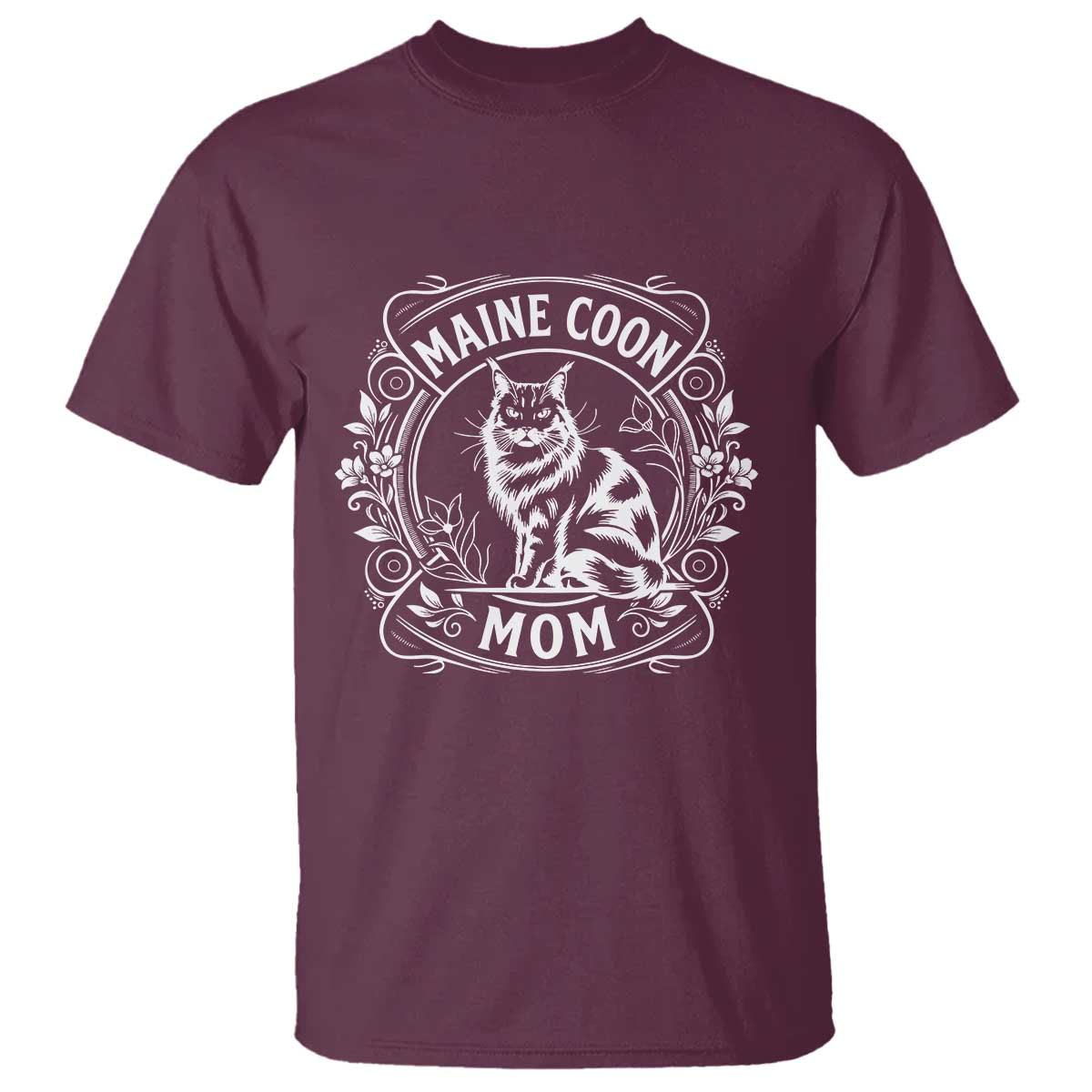 Vintage Floral Maine Coon T Shirt Mothers Day Cat Mom Gift TS12 Maroon Print Your Wear