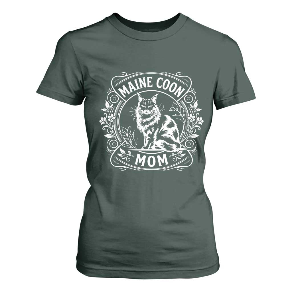 Vintage Floral Maine Coon T Shirt For Women Mothers Day Cat Mom Gift TS12 Dark Forest Green Print Your Wear