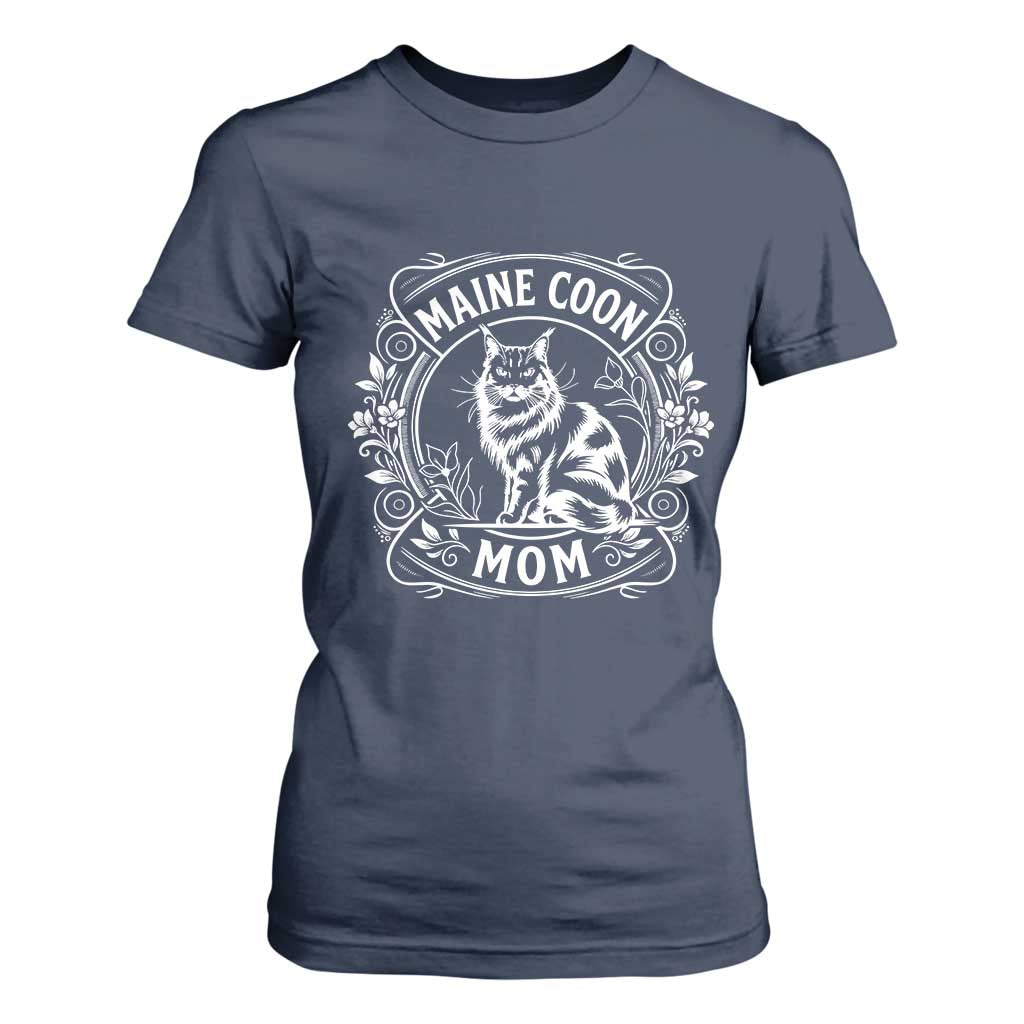 Vintage Floral Maine Coon T Shirt For Women Mothers Day Cat Mom Gift TS12 Navy Print Your Wear