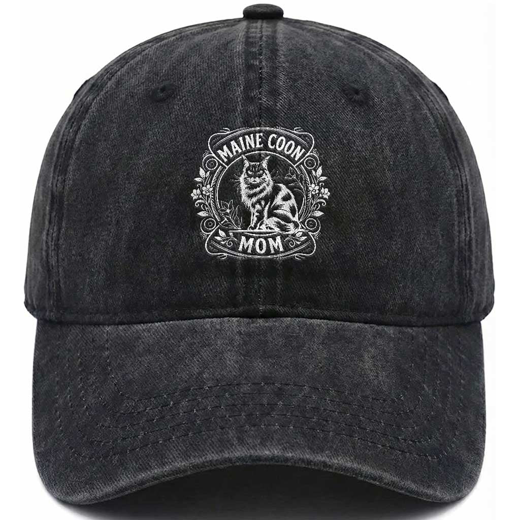 Vintage Floral Maine Coon Washed Cotton Baseball Cap Mothers Day Cat Mom Gift TS12 Print Your Wear