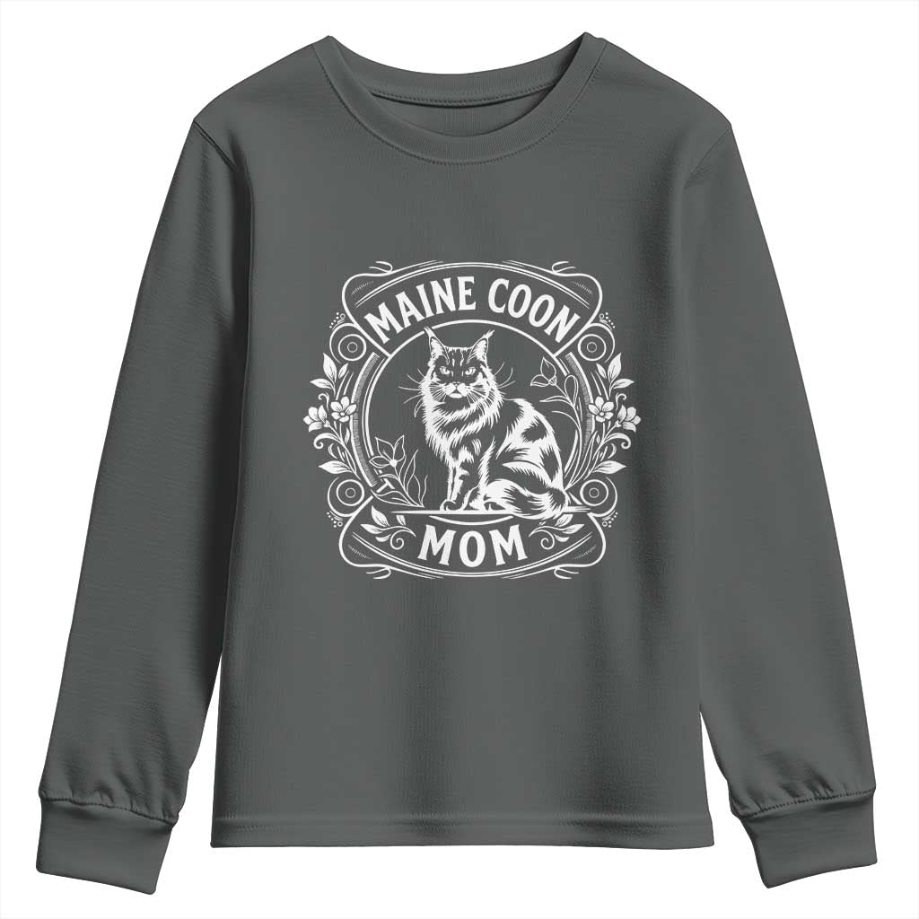 Vintage Floral Maine Coon Youth Sweatshirt Mothers Day Cat Mom Gift TS12 Dark Heather Print Your Wear