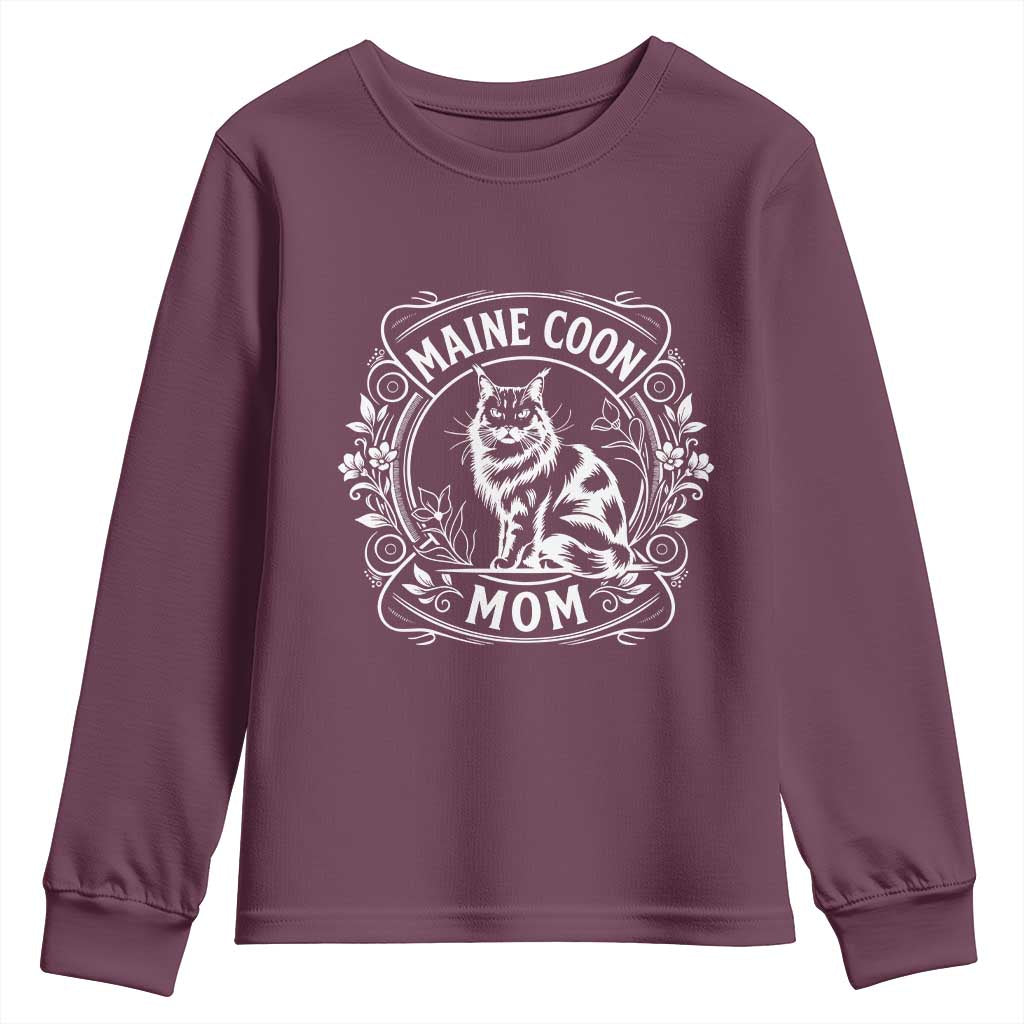 Vintage Floral Maine Coon Youth Sweatshirt Mothers Day Cat Mom Gift TS12 Maroon Print Your Wear