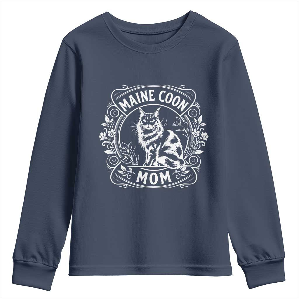 Vintage Floral Maine Coon Youth Sweatshirt Mothers Day Cat Mom Gift TS12 Navy Print Your Wear