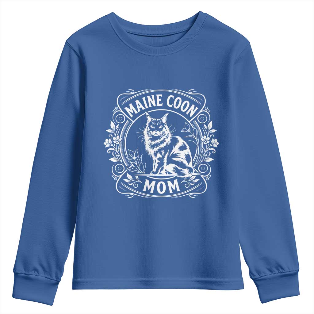 Vintage Floral Maine Coon Youth Sweatshirt Mothers Day Cat Mom Gift TS12 Royal Blue Print Your Wear