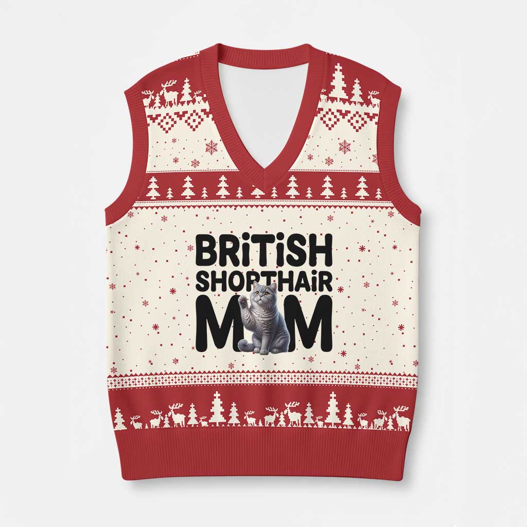 British Shorthair Mom Life V-Neck Knit Sweater Vest Mothers Day Cat Mom Gift TS12 Beige Red Print Your Wear