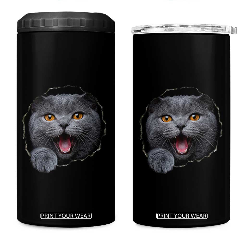 Cute British Shorthair Cat Peeking Through Cracked Wall 4 in 1 Can Cooler Tumbler TS12 One Size: 16 oz Black Print Your Wear