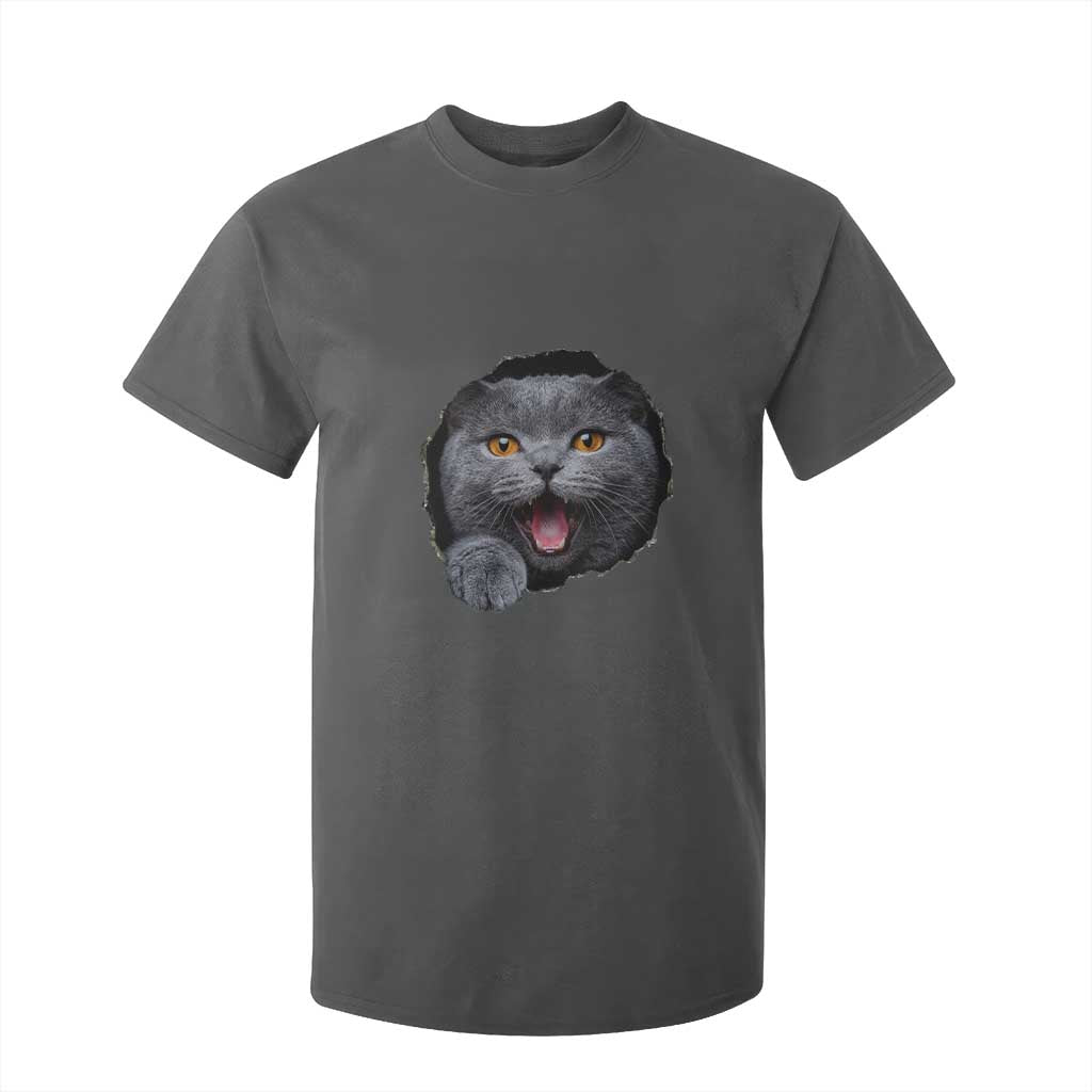 Cute British Shorthair Cat Peeking Through Cracked Wall T Shirt For Kid TS12 Dark Heather Print Your Wear