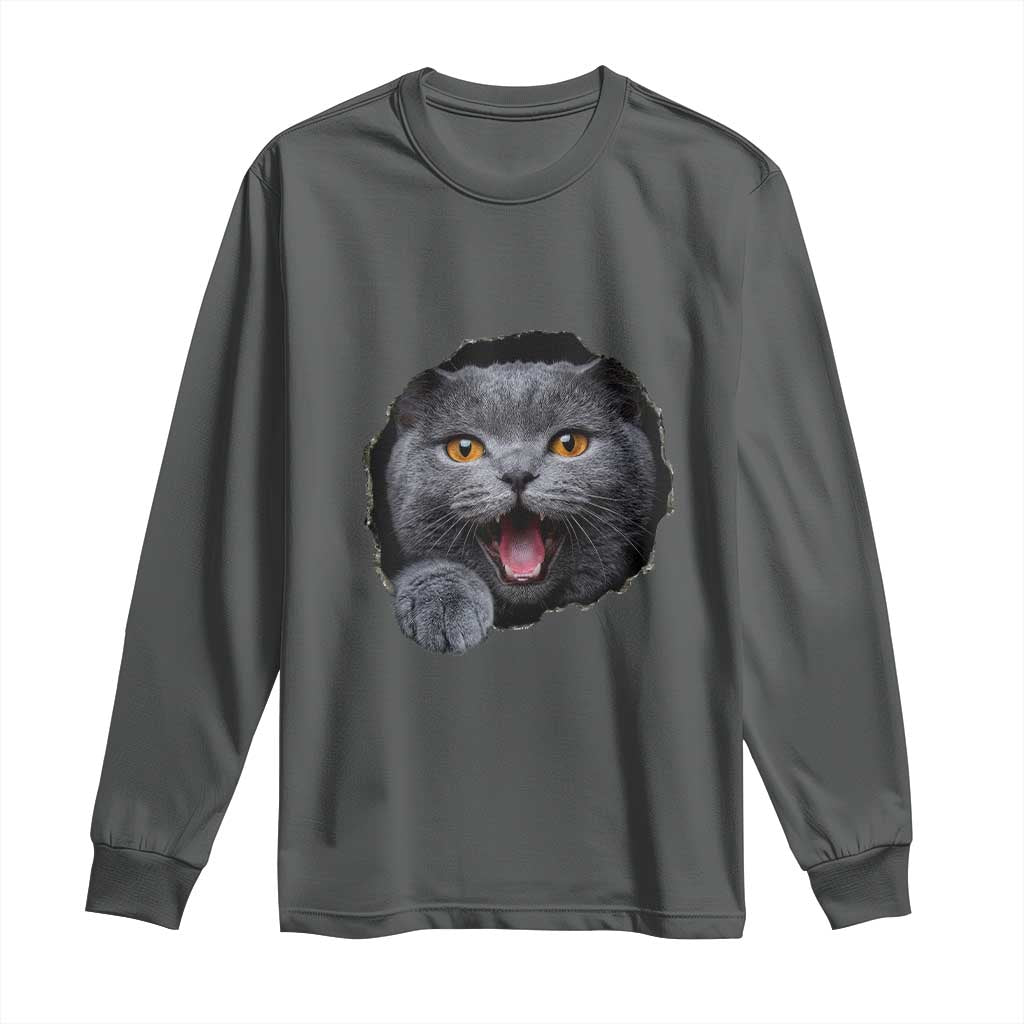Cute British Shorthair Cat Peeking Through Cracked Wall Long Sleeve Shirt TS12 Dark Heather Print Your Wear