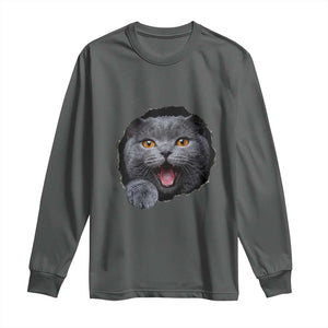 Cute British Shorthair Cat Peeking Through Cracked Wall Long Sleeve Shirt TS12 Dark Heather Print Your Wear