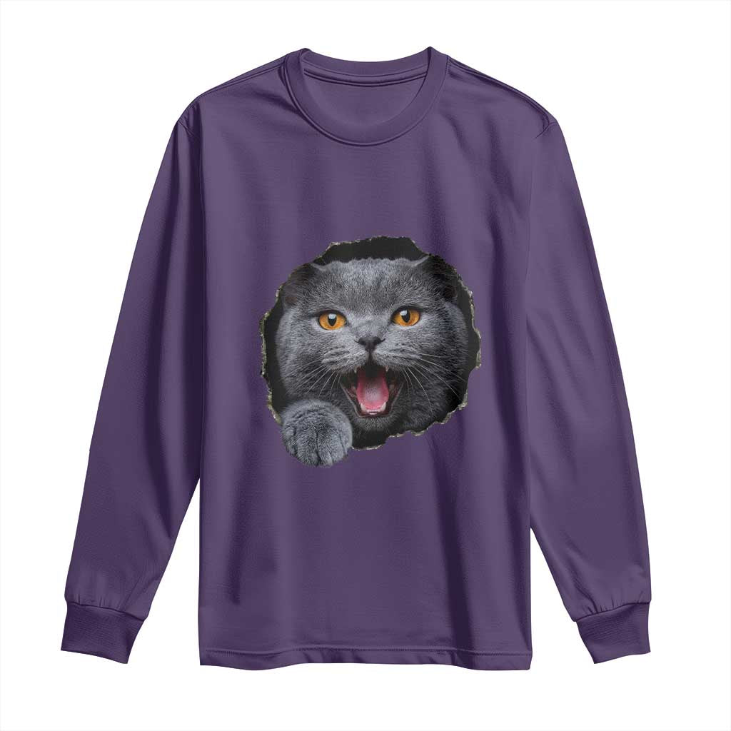 Cute British Shorthair Cat Peeking Through Cracked Wall Long Sleeve Shirt TS12 Purple Print Your Wear