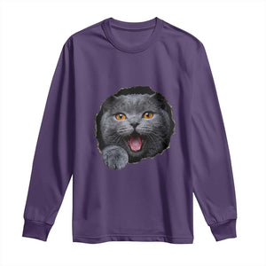 Cute British Shorthair Cat Peeking Through Cracked Wall Long Sleeve Shirt TS12 Purple Print Your Wear