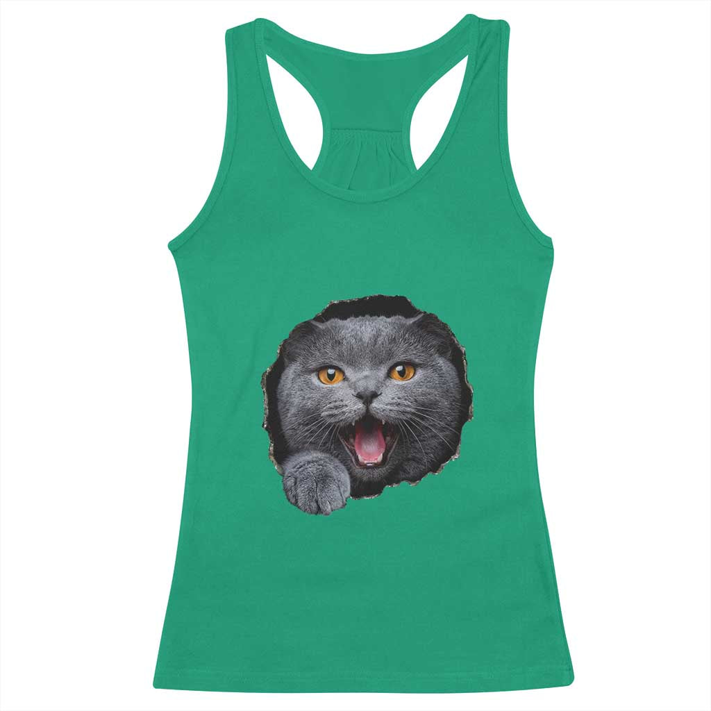 Cute British Shorthair Cat Peeking Through Cracked Wall Racerback Tank Top TS12 Irish Green Print Your Wear