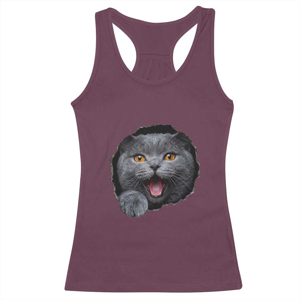 Cute British Shorthair Cat Peeking Through Cracked Wall Racerback Tank Top TS12 Maroon Print Your Wear
