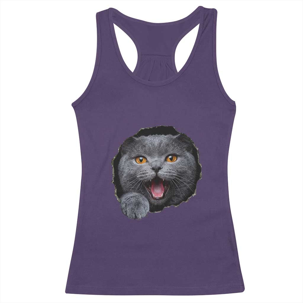 Cute British Shorthair Cat Peeking Through Cracked Wall Racerback Tank Top TS12 Purple Print Your Wear
