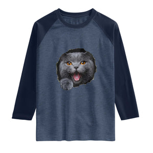Cute British Shorthair Cat Peeking Through Cracked Wall Raglan Shirt TS12 Heather Denim Navy Print Your Wear
