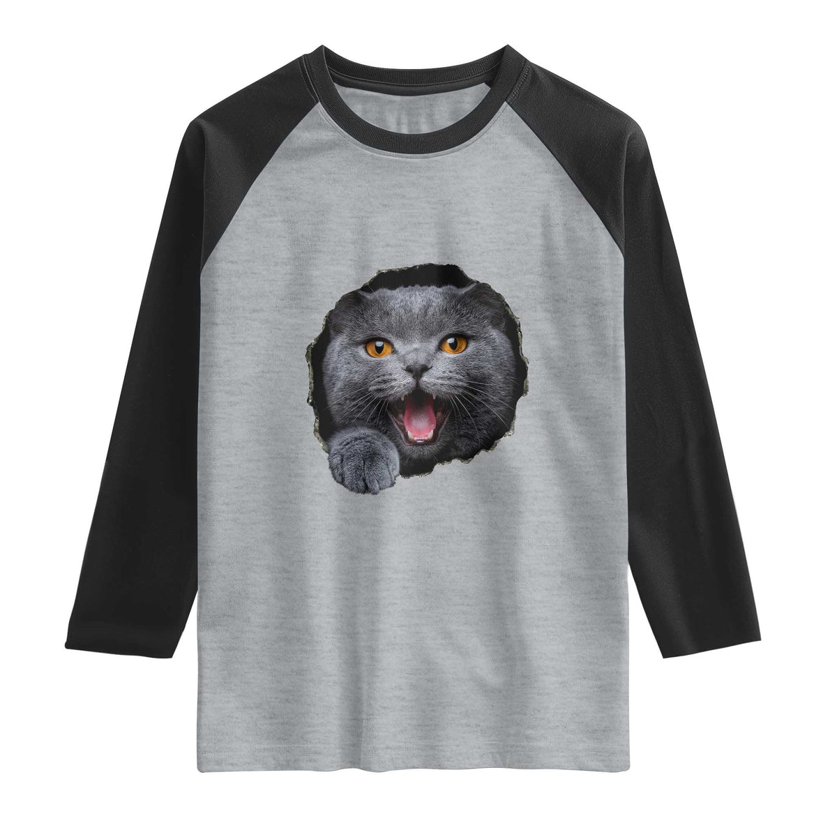 Cute British Shorthair Cat Peeking Through Cracked Wall Raglan Shirt TS12 Heather Gray Black Print Your Wear