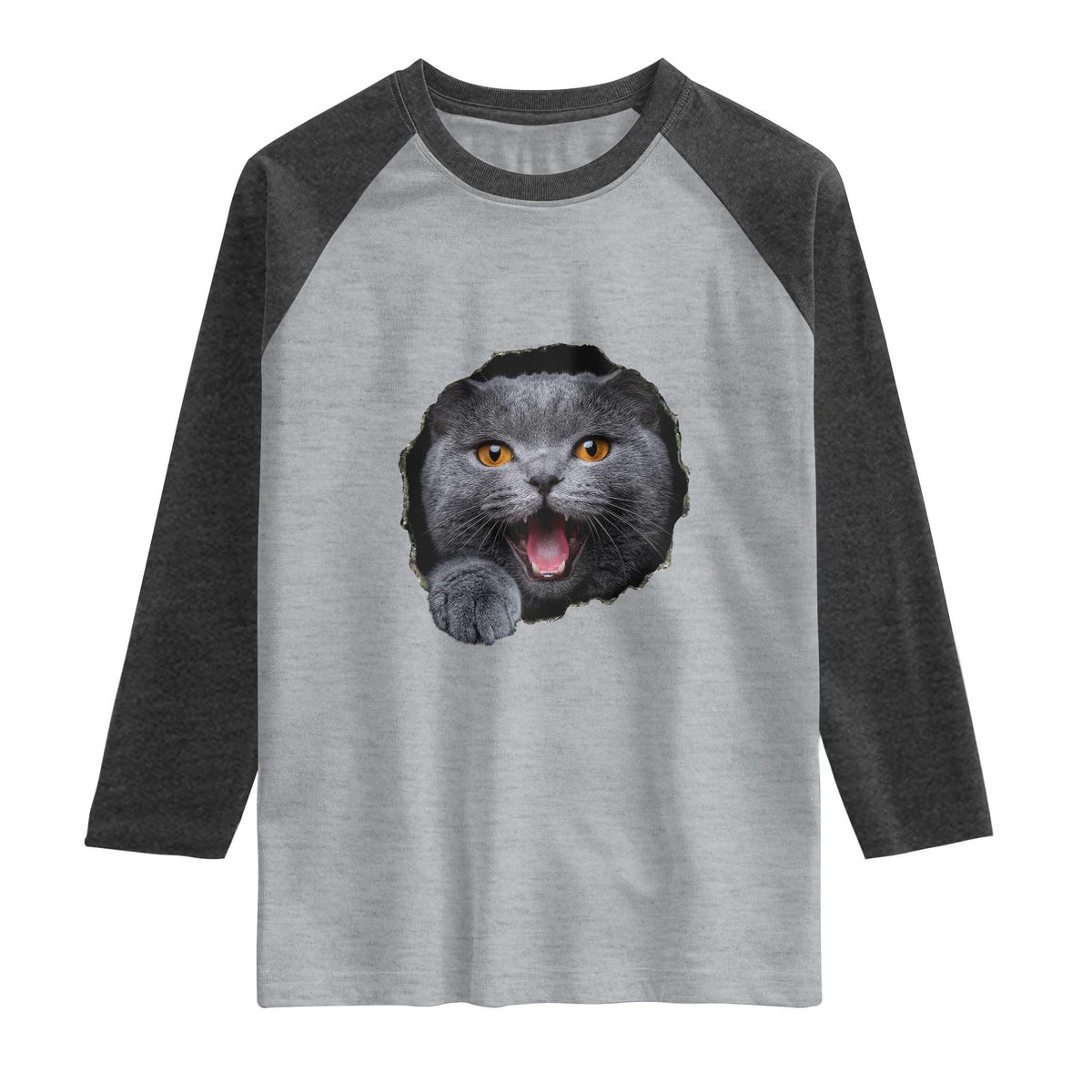 Cute British Shorthair Cat Peeking Through Cracked Wall Raglan Shirt TS12 Heather Gray Heather Charcoal Print Your Wear